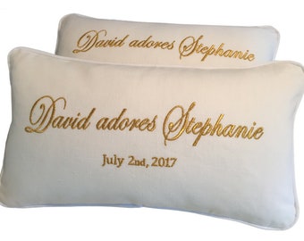 pair wedding pillows metallic gold white linen bridal shower bridesmaids altar catholic ceremony
