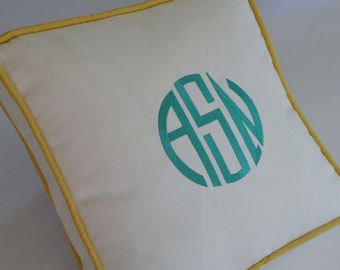 custom embroidered monogram pillow bedroom patio living room cotton sunbrella white turquoise yellow colors children baby nursery