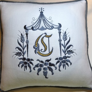 Draper Monogram Pagoda Embroidery Pillow White Linen Charcoal Metallic Gold Exclusive ...