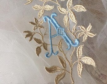 custom embroidery on tulle bridal wedding dress something blue