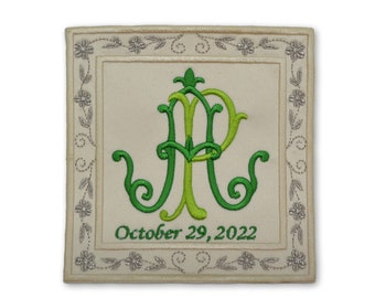 wedding dress label patch something blue luxurious embroidery custom emerald green metallic silver french satin bridal shower monogram