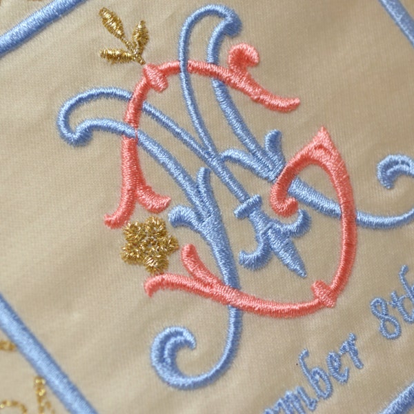 wedding dress label patch something blue luxurious embroidery custom french silk satin metallic gold silver coral blue  bridal shower