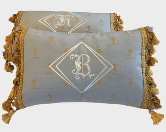 embroidered monogram pillow palm trees blue gold fringe custom