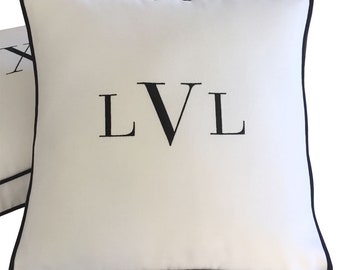 pillow embroidered white cotton sunbrella black monogram