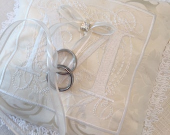 wedding ring pillow embroidery monogram bridal something blue gold padrino de cojines madrina silk damask wedding shower