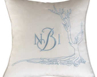 embroidery pillow wedding crest something blue Sunbrella linen cotton custom design wedding shower anniversary
