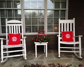 custom embroidered monogram pillow bedroom patio living room cotton sunbrella red white colors children baby nursery
