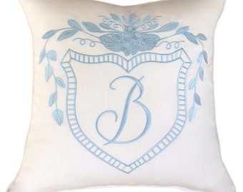 embroidery pillow wedding crest something blue sunbrella linen cotton custom design wedding shower anniversary