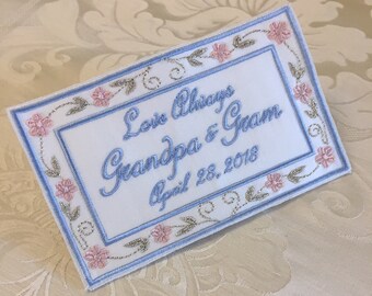 wedding dress label patch custom embroidered something blue flowers pink silver blue
