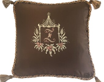 embroidered pillows square or lumbar luxury chocolate taffeta silk passemanterie cord and tassels