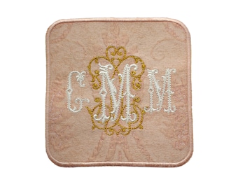 wedding dress label custom patch something blue luxurious embroidery custom dusty rose metallic gold french silk bridal shower monogram