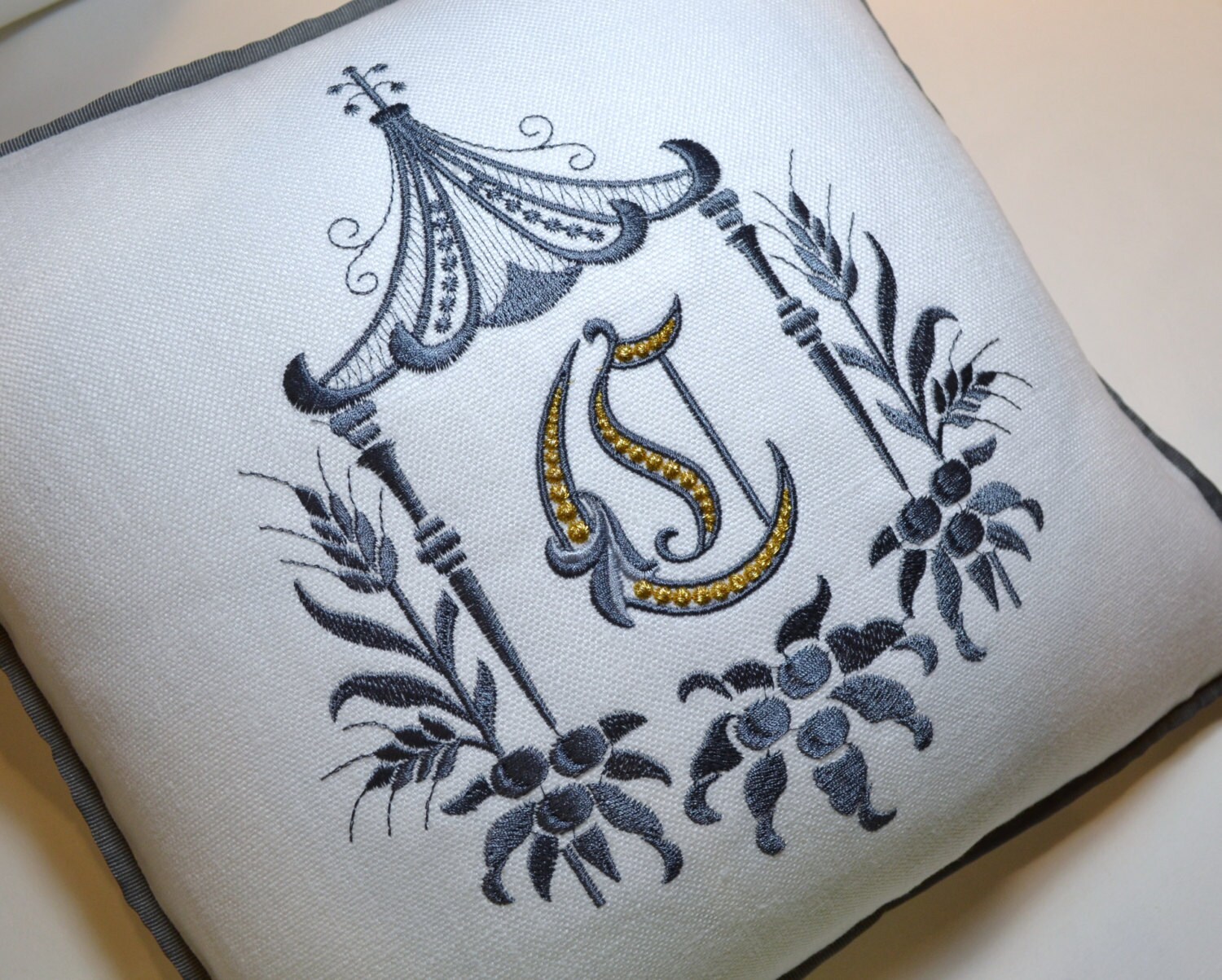Draper Monogram Pagoda Embroidery Pillow White Linen Charcoal Metallic Gold Exclusive ...