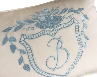 embroidery lumbar pillow wedding crest something blue Sunbrella linen cotton custom design wedding shower anniversary