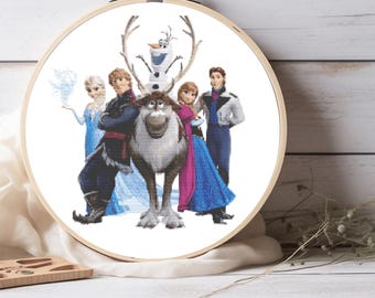 May include: A cross-stitch pattern featuring the characters from the animated film Frozen. The characters include Elsa, Anna, Kristoff, Olaf, and Sven the reindeer. The pattern is in a circular hoop and is ready to be stitched.