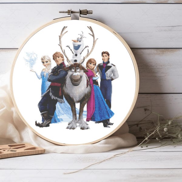 Schema per punto croce di Elsa e amiche di Frozen / Principessa dei cartoni animati per la decorazione della cameretta delle bambine / Ricamo fai da te in PDF