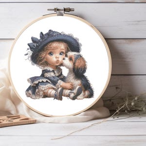 Cute Little Girl and Her Puppy Cross Stitch Pattern, Little Girl Cross Stitch, For Decor Gift, For Home Gift - Pattern Keeper Compatible PDF