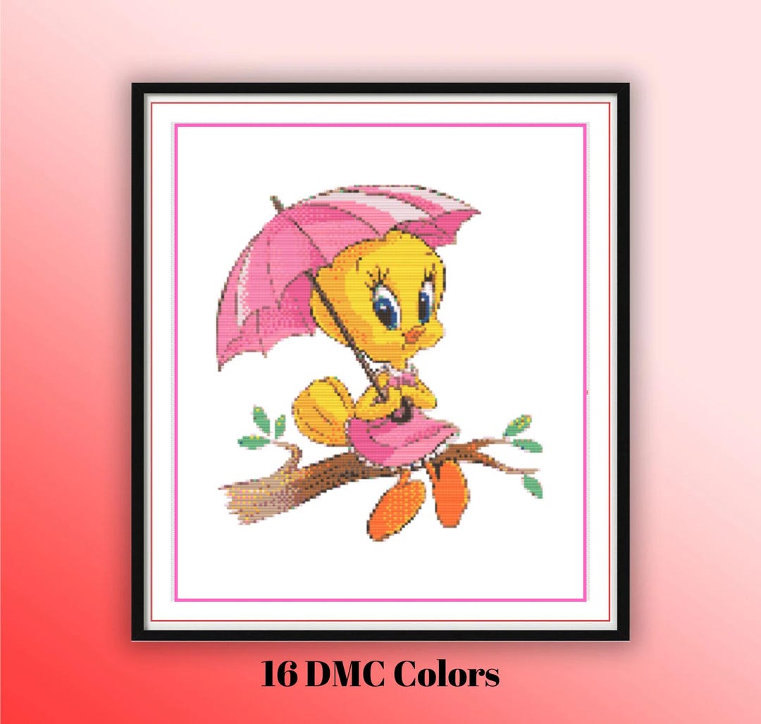 Cheerful Tweety Bird Umbrella Cross Stitch Pattern - Easy DIY