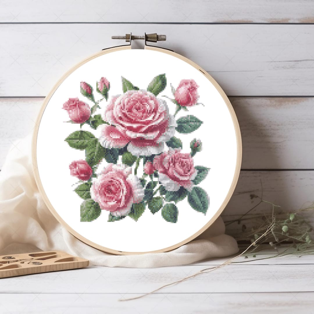ピンクのバラのクロスステッチパターンPDF、花柄刺繍図案、花柄
