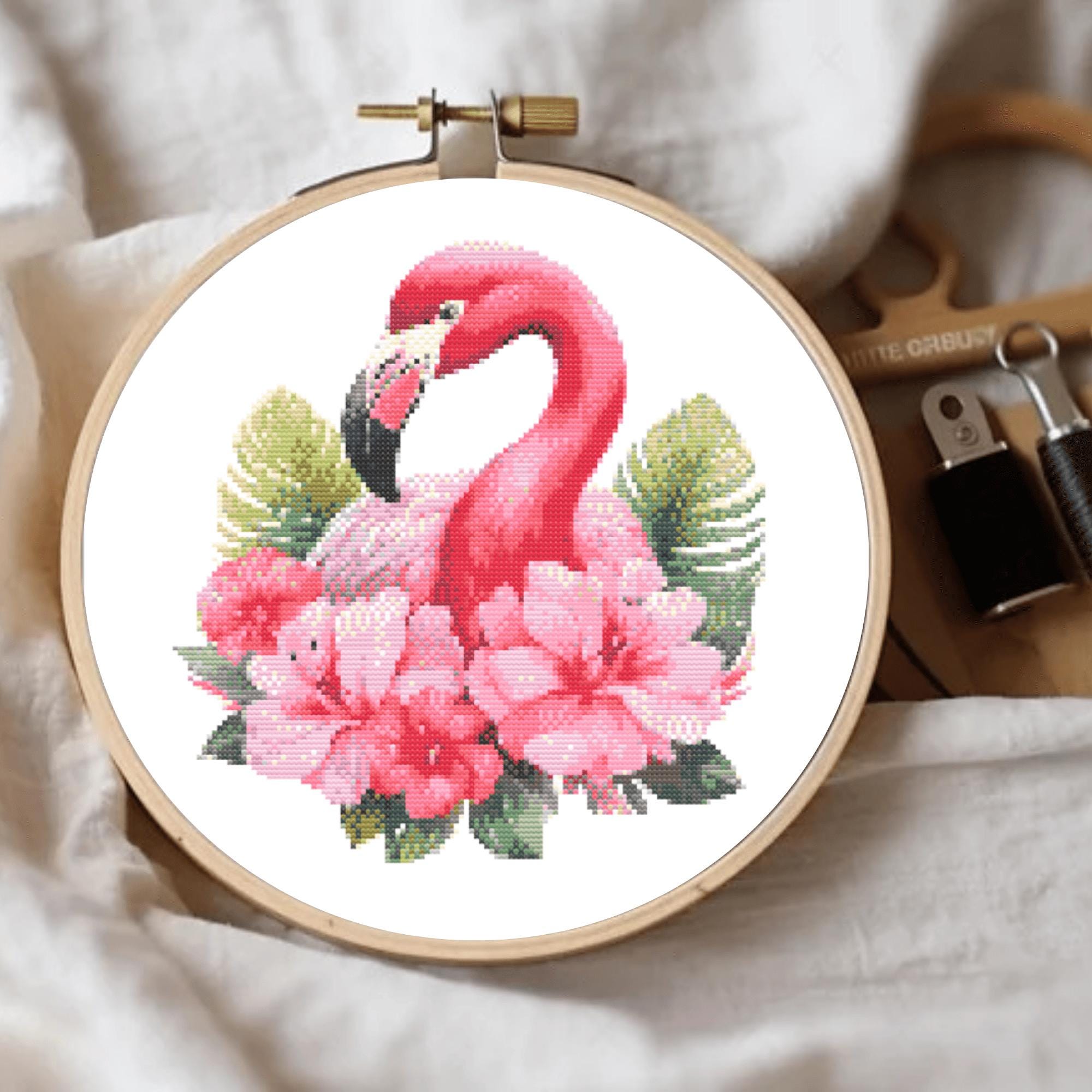 Flamingo Cross Stitch Pattern PDF Tropical Pink Floral Embroidery