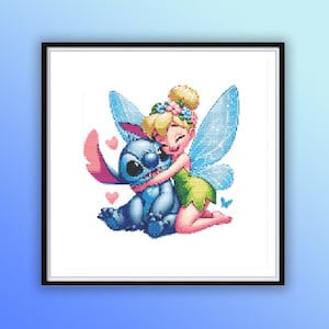 May include: Cross-stitch art featuring Stitch from Lilo & Stitch and Tinkerbell from Peter Pan. Stitch, in blue, is embraced by Tinkerbell, who has blonde hair, a green dress, and blue wings. Pink hearts float around them, set against a white background.