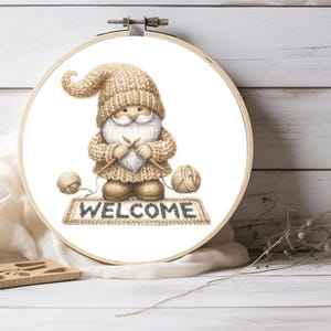 Welcome Themed Gnome Cross Stitch Pattern – Cute Whimsical Character Design, Cheerful Hoop Art PDF Chart for DIY Home Decor & Fantasy Lovers