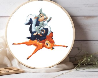 Bambi Thumper Flower Cross Stitch Pattern - Woodland Animals