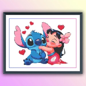 Patrón de punto de cruz "Lilo's Love for Stitch" (PDF), fácil de hacer, gráfico de bordado con dibujos animados para la amistad, la habitación de los niños o un regalo hecho a mano.