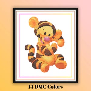 Modèle de point de croix pour bébé tigrou - Adorable bébé tigre dans une pose ludique - Tableau de broderie PDF amusant pour chambre d'enfant, chambre d'enfant et cerceau de décoration artistique
