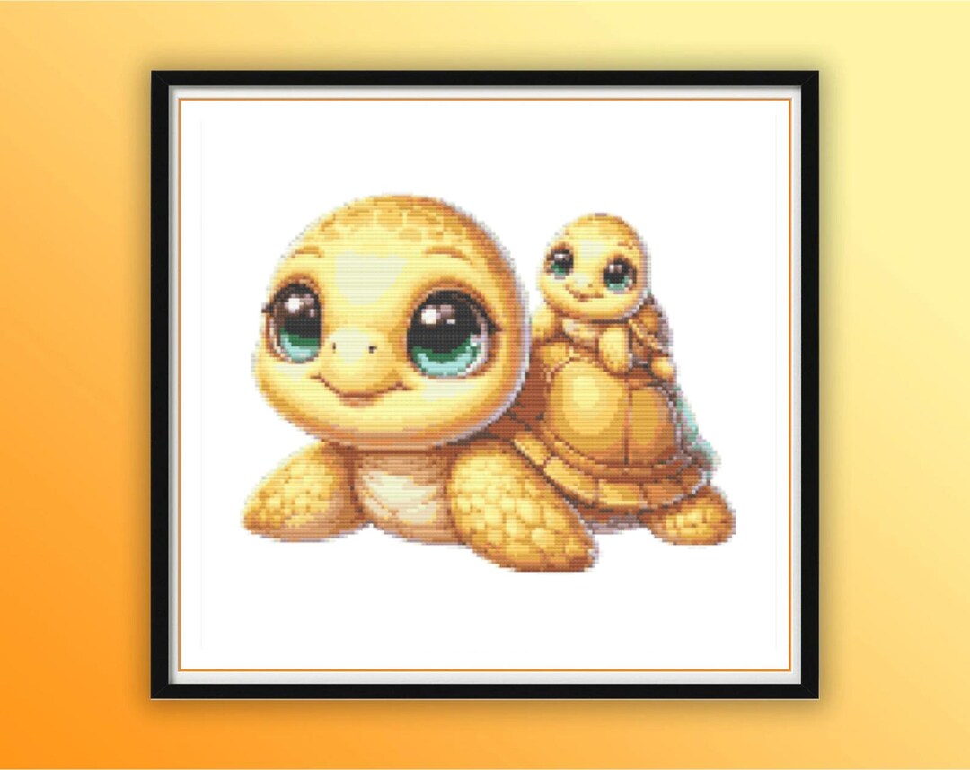 Yellow Turtle and Hatchling Cross Stitch Pattern - Cute Turtle Family ...