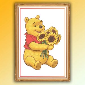 Winnie the Pooh with Sunflowers Cross Stitch Pattern PDF – Easy to Follow – Joyful Bear Embroidery Chart for Nursery or Floral Themed Decor