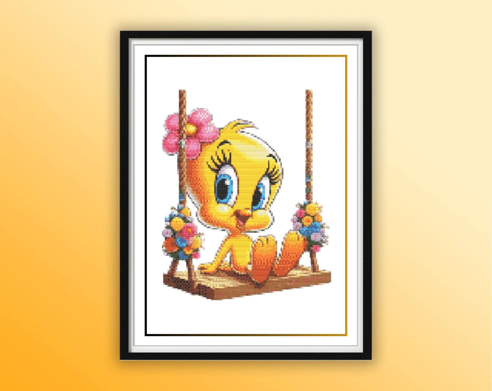 Cute Tweety Bird on Swing Cross Stitch Pattern Pdf, Spring Floral