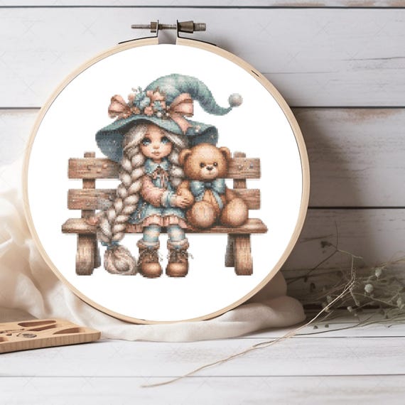 Tender Girl with Teddy Bear Cross Stitch Pattern - Easy DIY Nursery Hoop Art, Pattern Keeper Compatible PDF