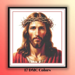 May include: A framed cross-stitch portrait of Jesus wearing a crown of thorns. The portrait features a detailed depiction with a red robe and long brown hair. The text "17 DMC Colors" is at the bottom.