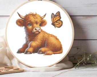 Highland Cow & Butterfly Cross Stitch Pattern - Rustic Farmhouse Wall Decor - PDF for Beginners
