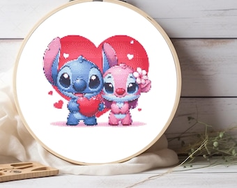 Stitch and Angel Cross Stitch Pattern, Blue & Pink Alien Heart Themed Design, Love Couple Xstitch PDF Chart
