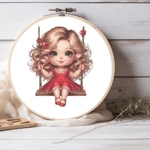 Little Girl Swinging on a Swing Cross Stitch Pattern, Little Girl Pattern, Girls Room Decor, For Kids Room Decor - Pattern Keeper Compatible
