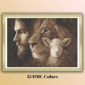 Jesus Christ, Lion and Lamb Cross Stitch Pattern, Peaceful and Powerful Religious Symbol, PDF Chart for Faithful DIY Embroidery & Hoop Decor