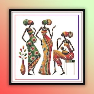 Drei Afrikanische Frauen Kreuzstich Muster - Elegante Kulturelle Kunst für Wanddekoration oder Geschenk - DIY PDF Stickerei für modernen Hoop Stil