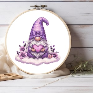 Lilac Concept Gnome and Roses Cross Stitch Pattern, Cute Gnome Pattern, Cute Room Decor, For Home Gift - Pattern Keeper Compatible PDF File