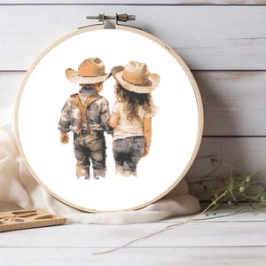 May include: Two children wearing cowboy hats and denim clothing walk hand-in-hand. The boy is wearing a plaid shirt and braces. The girl is wearing a white shirt.
