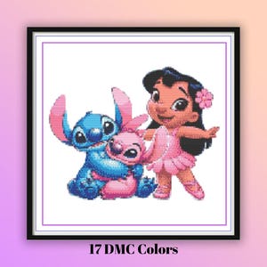May include: A framed cross-stitch design featuring characters from the animated film Lilo & Stitch. The image shows Stitch, Angel, and Lilo in a colorful, detailed design. The text "17 DMC Colors" is at the bottom.