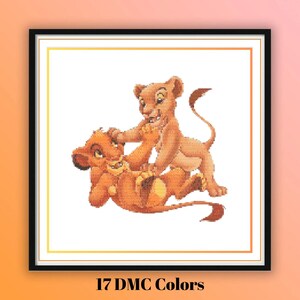 Simba und Nala Kreuzstichmuster - süße Freundschaft mit Löwenjunge - Einfach zu machen - Niedliche digitale PDF-Stickerei-Vorlage für's Kinderzimmer