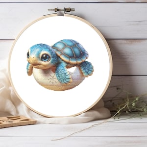 Może przedstawiać: Mała niebieska i zielona żółwica z dużymi oczami wyłania się z białej skorupy jajka. Żółwica siedzi na białym tle.