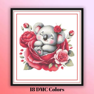 Joli bébé koala dormant sur une fleur, motif PDF au point de croix – Facile à suivre, tableau de broderie animal doux pour chambre d'enfant pour une décoration artistique pour chambre de bébé