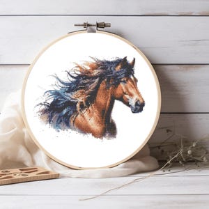 May include: A circular wooden embroidery hoop containing a cross-stitch pattern of a brown horse head with a flowing dark mane. The horse is depicted in profile facing right, with detailed shading in shades of brown, black, and tan against a white fabric background.
