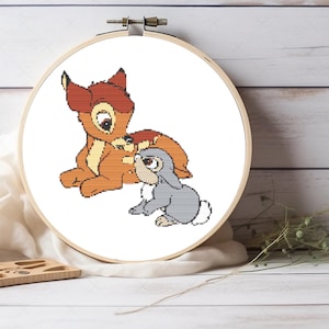 Cute Bambi and Thumper Cross Stitch Pattern - Cute Bunny and Bambi Cross Stitch Chart - Rabbit and Bambi Pattern - Deer Cross Stitch Design