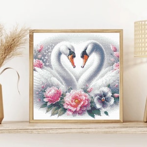 Aesthetic Swans in Love and Flowers Cross Stitch Pattern, Romantic Floral Swan Design – Elegant PDF Chart for Wedding, Nursery, DIY Hoop Art