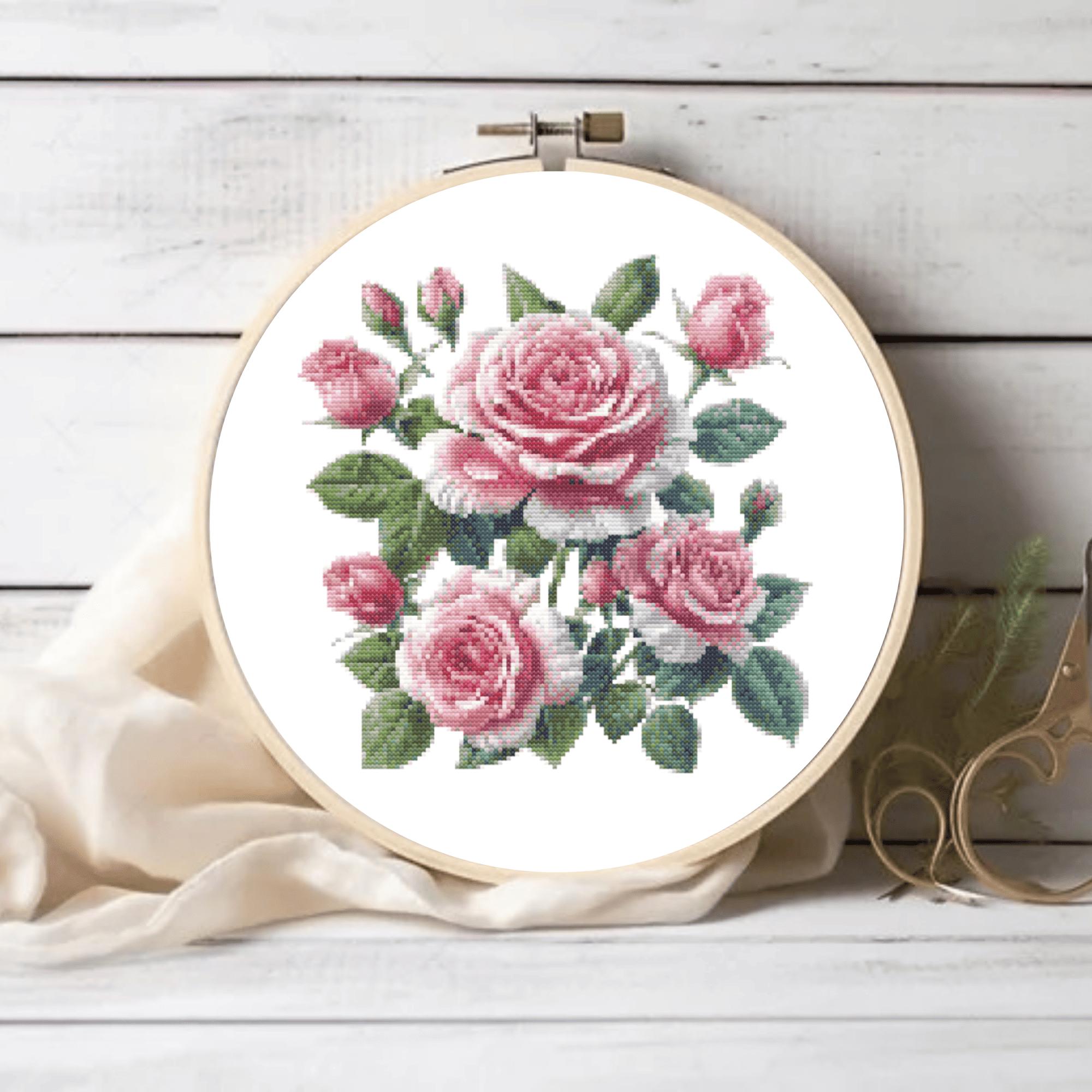 ピンクのバラのクロスステッチパターンPDF、花柄刺繍図案、花柄