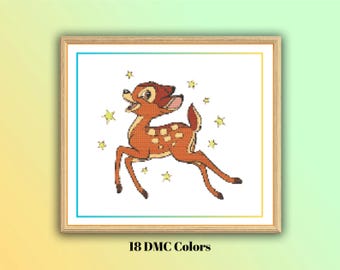 Gladlynt Bambi Korsstygnsmönster - Skogstema PDF-diagram - DIY Skogsdjur Hoop Art