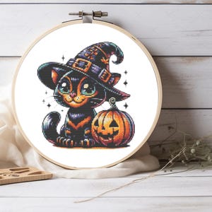 May include: A black cat wearing a witch's hat and holding a jack-o'-lantern. The cat has large, blue eyes and a friendly expression. The hat is purple and black with a star on top. The jack-o'-lantern is orange with a carved face.